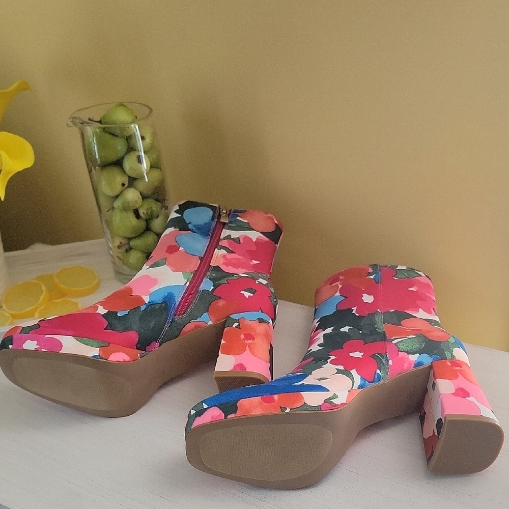 Colorful Floral Ankle Booties Chunky Heel - Picture 6 of 10